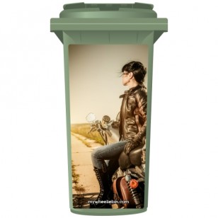 Biker Chick On A Motorbike Wheelie Bin Sticker Panel